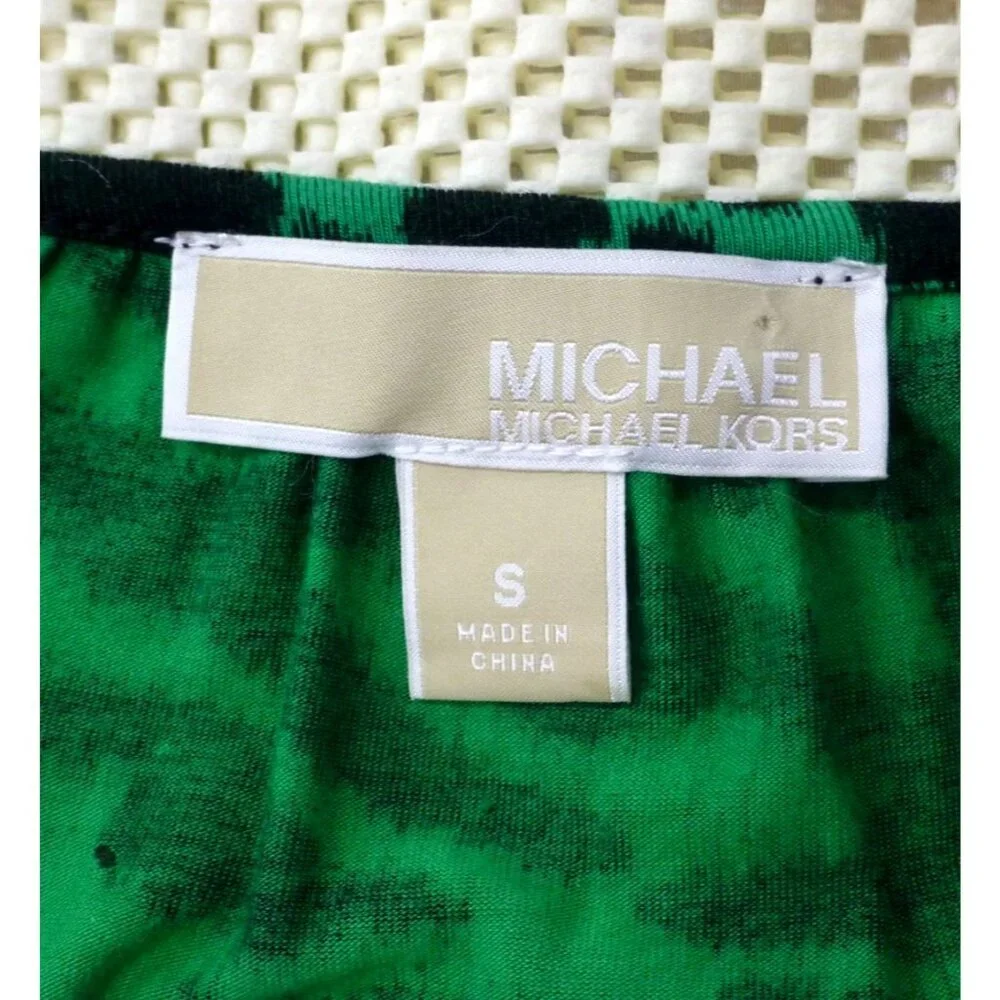 Michael Kors Green & Black Animal Print Long Sleeve Blouse With Gold Chain Accen